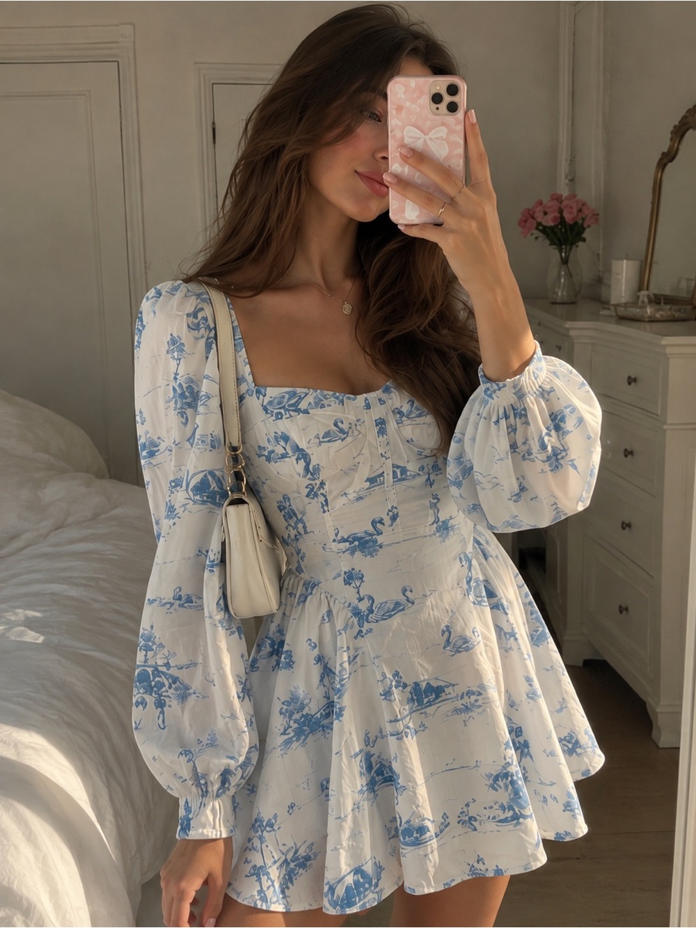 Midnight Doll Ivory Blue Swan Toile Cotton Mini Dress Size S NWT